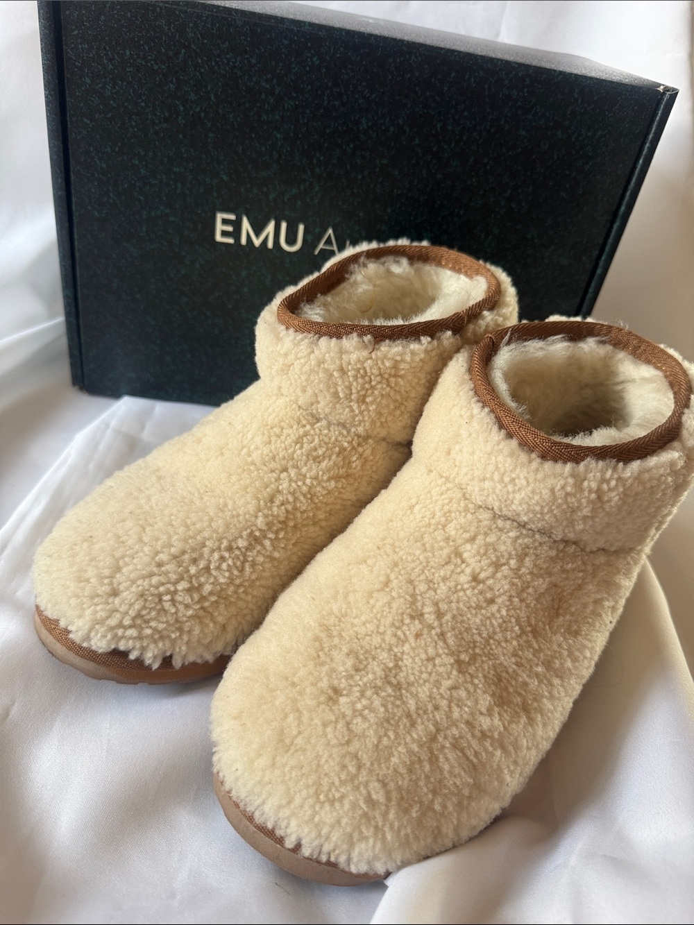 Emu Cream Shearling Ankle Booties with Tan Trim